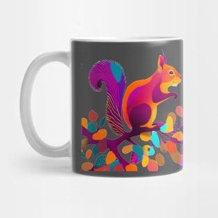 A whimsical, colorful squirrel perched on a branch Mug